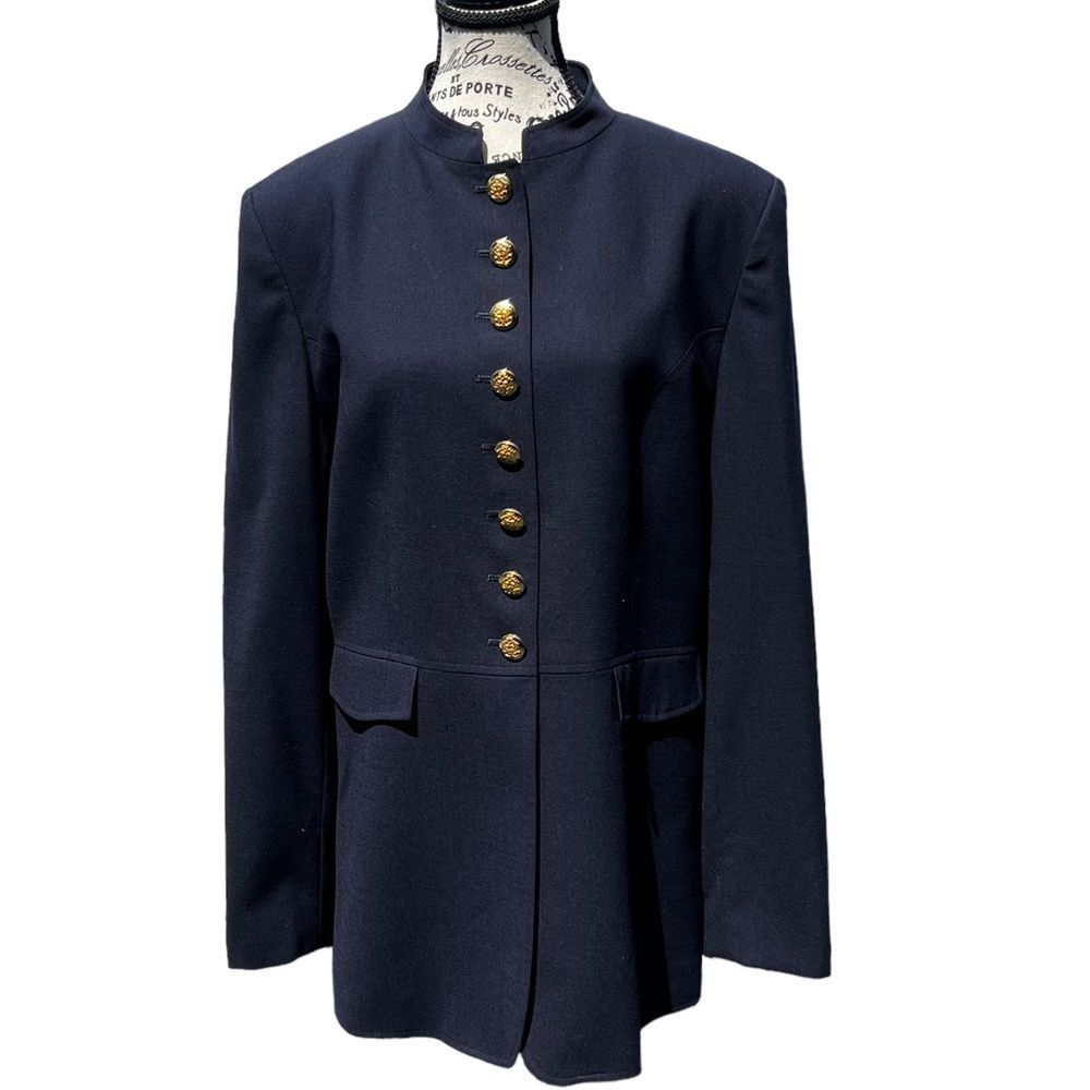 Talbots Navy Wool Blazer Mandarin Collar Size 14